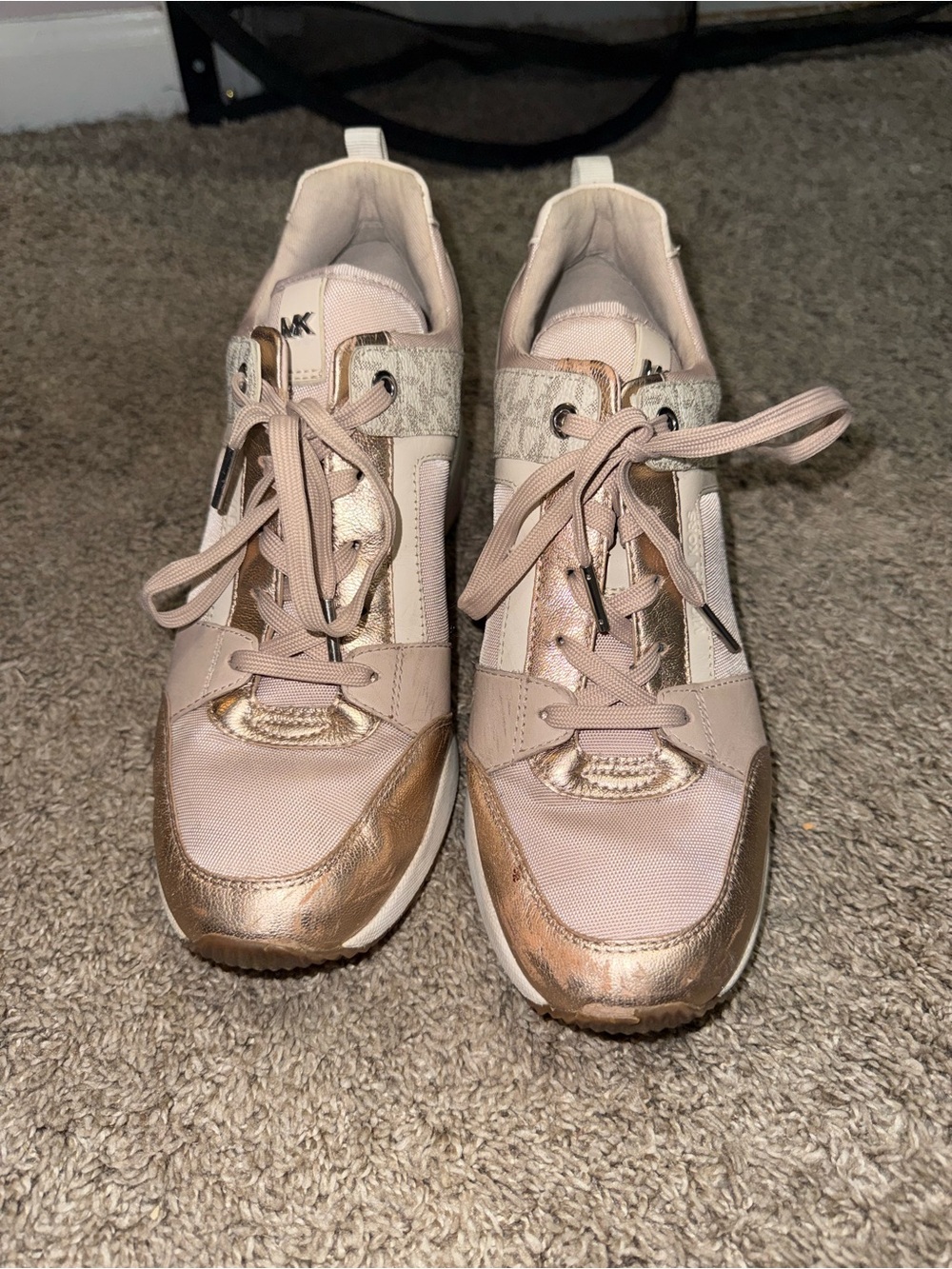 Michael Kors Blush Pink & Metallic Gold Lace-Up Sneakers - Picture 3 of 9